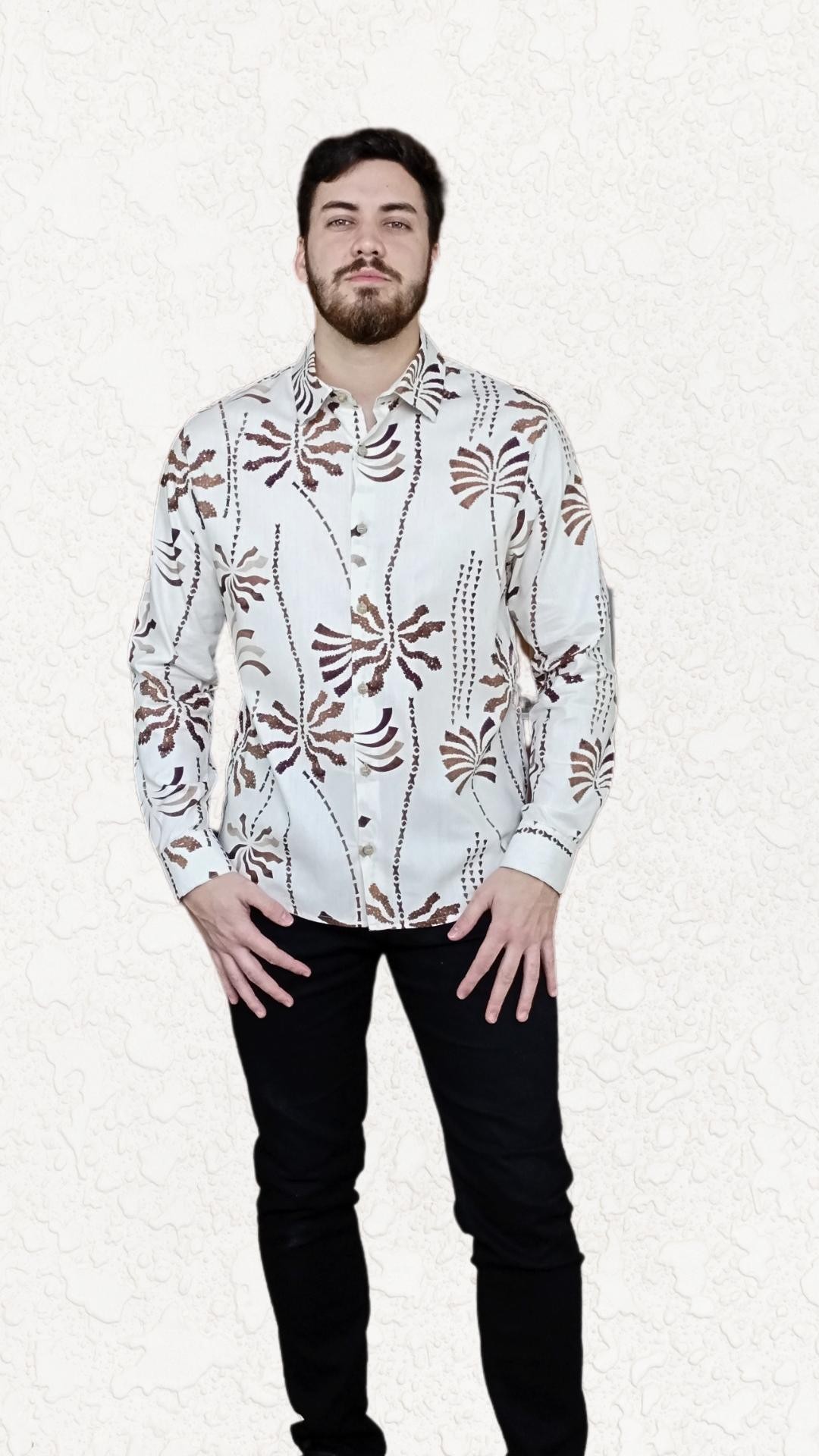 Camisa masculina manga longa algodão estampa Hawaii