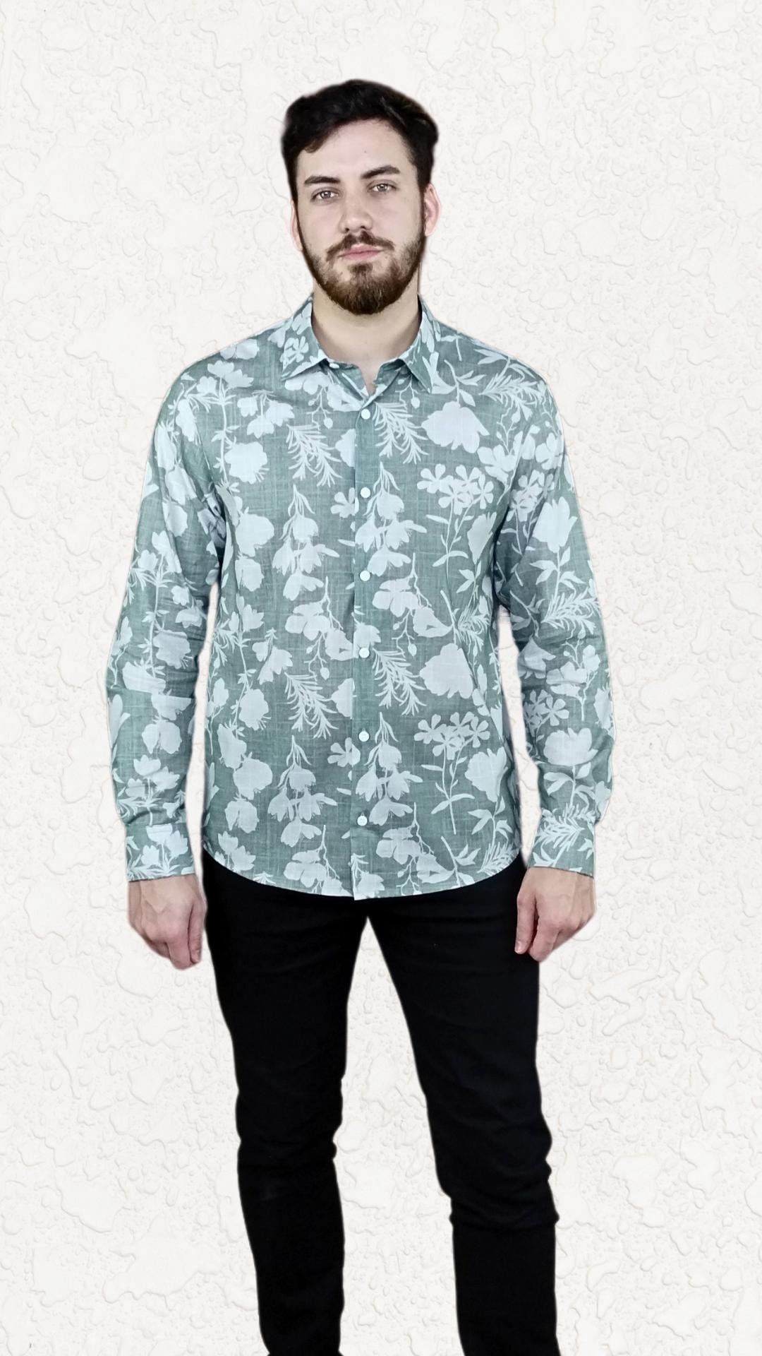 Camisa masculina manga longa algodão estampa verde