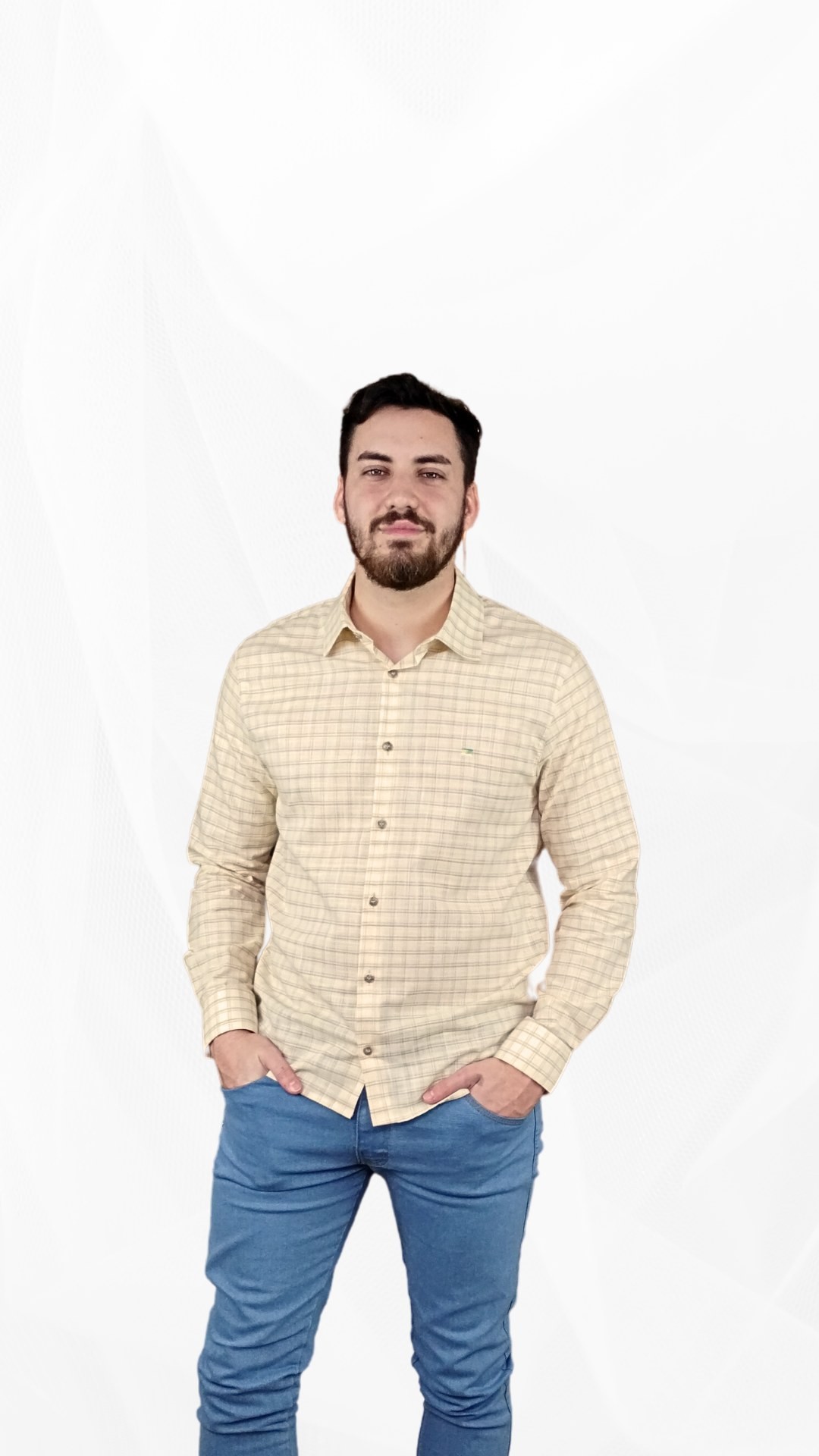 Camisa masculina manga longa algodão Xadrez amarela