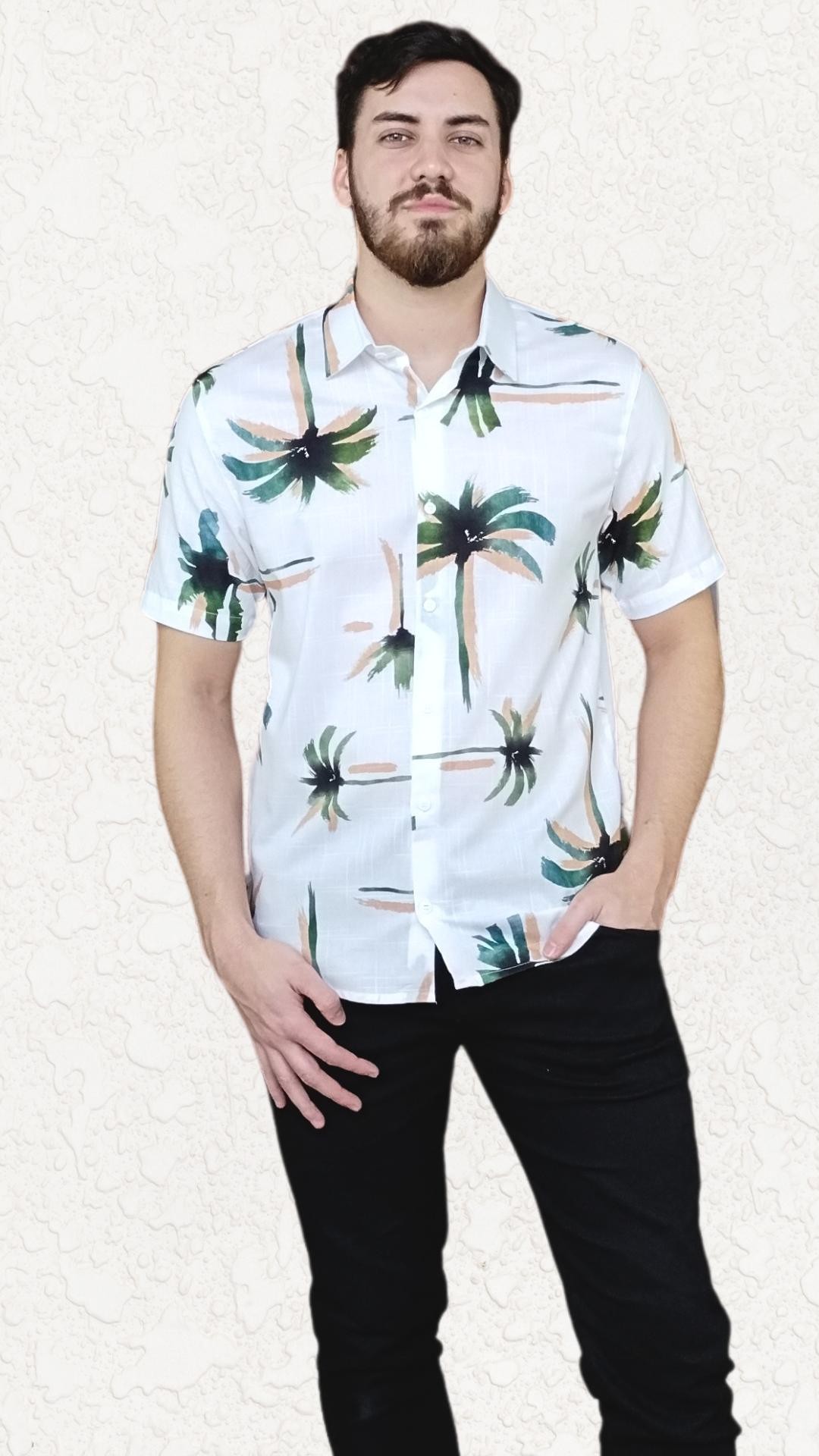 Camisa masculina manga curta algodão estampa coqueiro