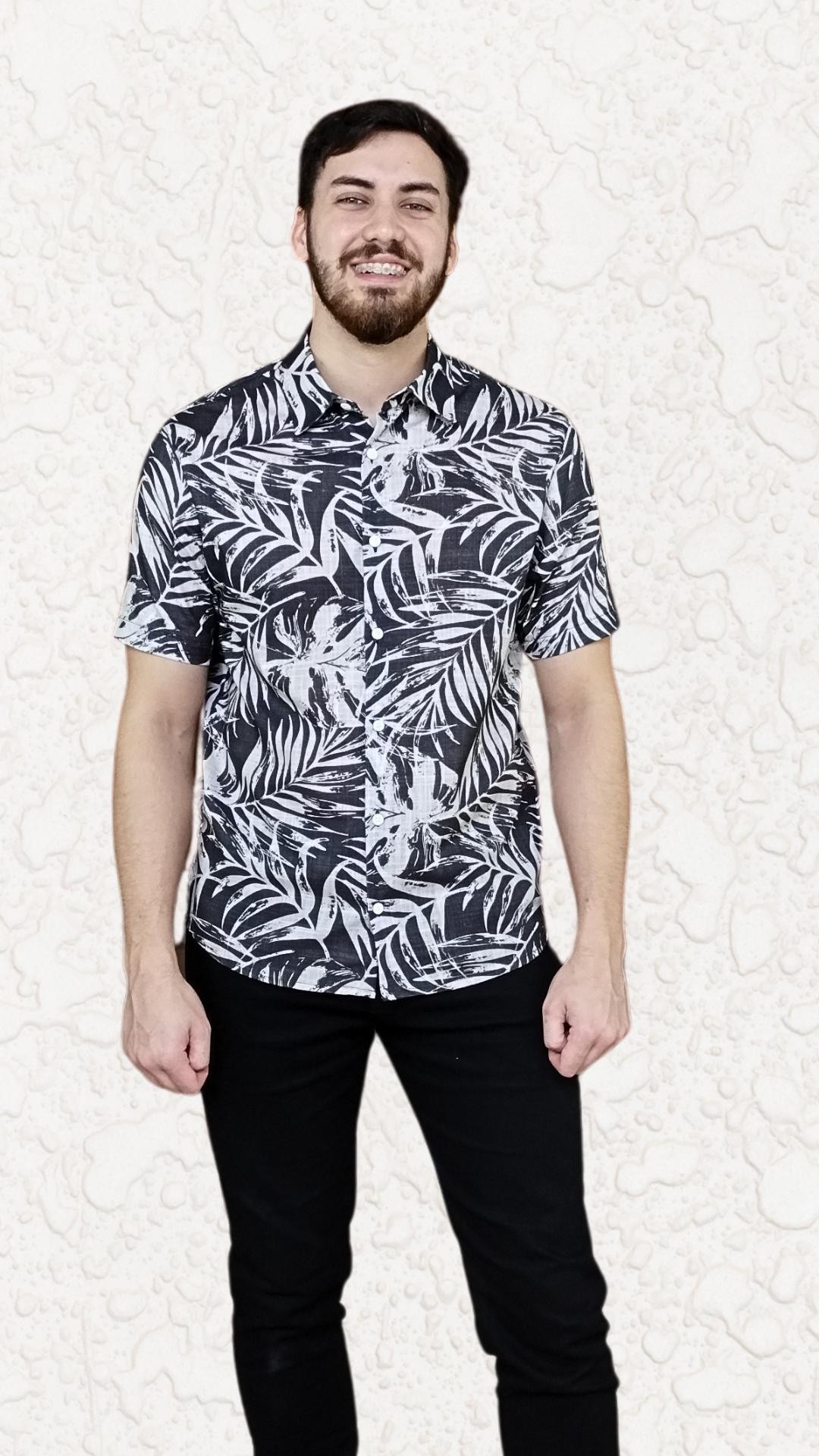 camisa masculina manga curta algodão estampada preta