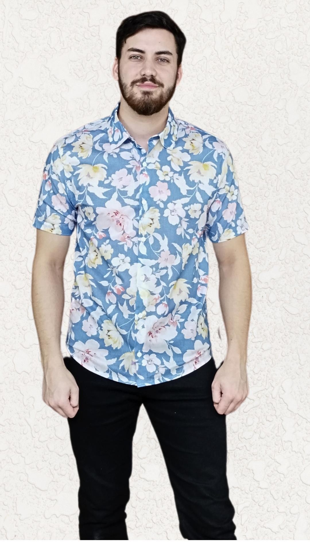Camisa masculina manga curta estampada azul