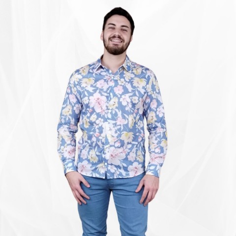 Camisa masculina manga longa algodão floral azul 