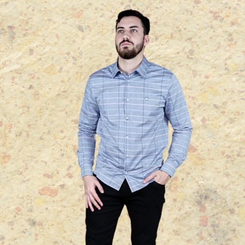 Camisa masculina manga longa algodão xadrez cinza