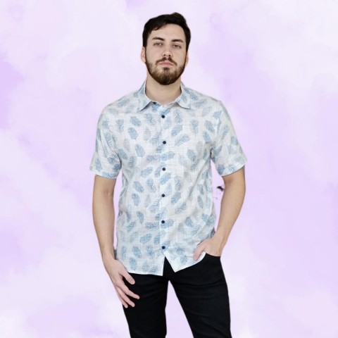 Camisa masculina manga curta algodão estampa folhas