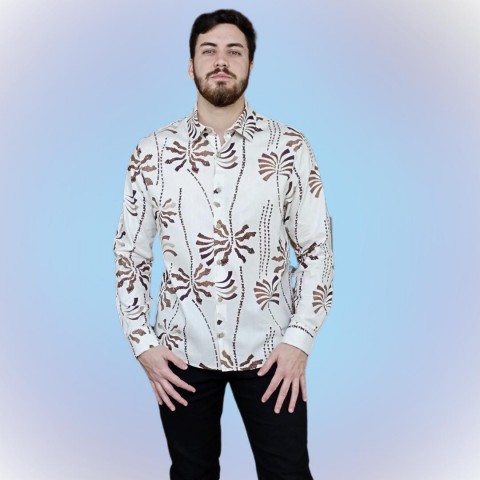 Camisa masculina manga longa algodão estampa Hawaii