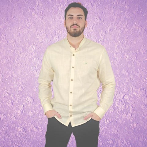 Camisa masculina manga longa algodão Amarela Gola de Padre