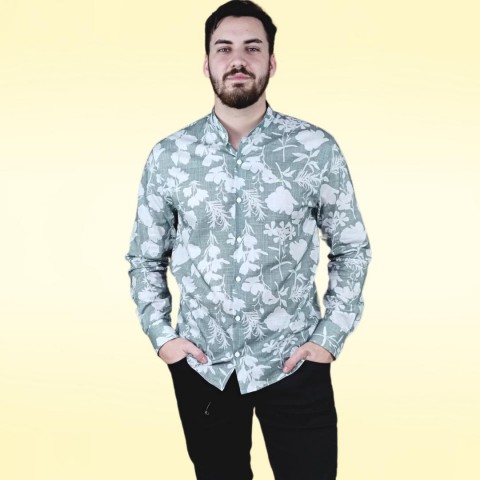 Camisa masculina manga longa Gola de Padre floral  Verde