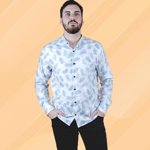 Camisa masculina manga longa algodão Gola de Padre Estampada