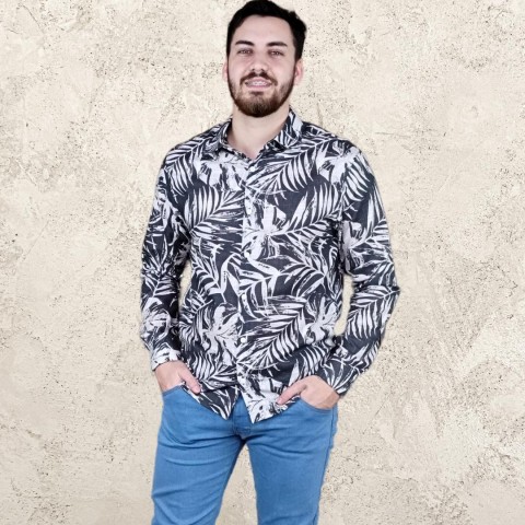 Camisa masculina manga longa algodão estampada preta