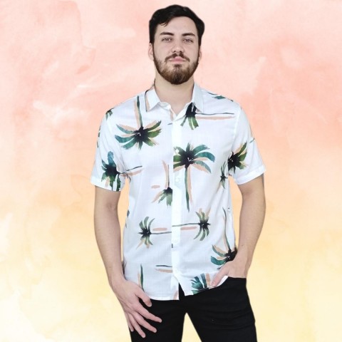 Camisa masculina manga curta algodão estampa coqueiro