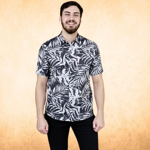camisa masculina manga curta algodão estampada preta