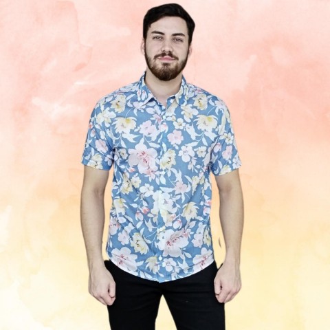 Camisa masculina manga curta estampada azul