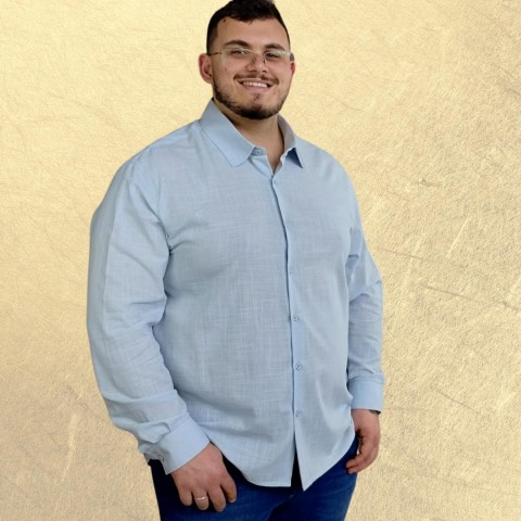 Camisa masculina plus size manga longa algodão azul claro